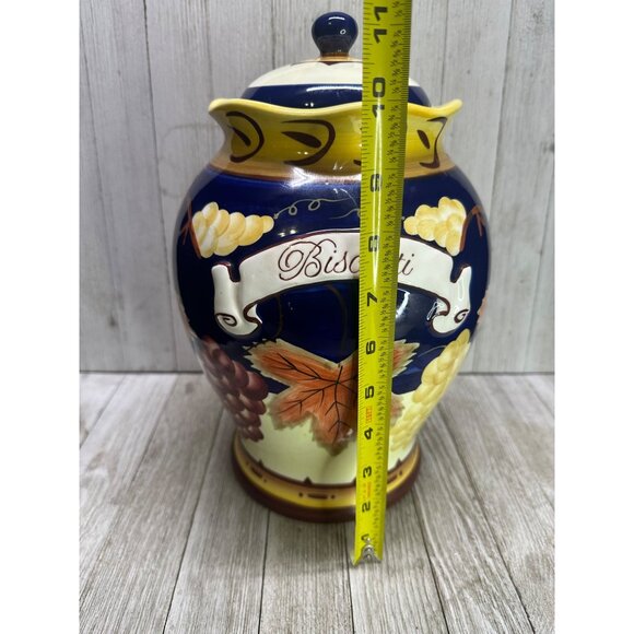 Vtg Cobalt Blue 11" Tall Cookie Jar BISCOTTI Canister Fall Leaves French Country - Picture 7 of 12